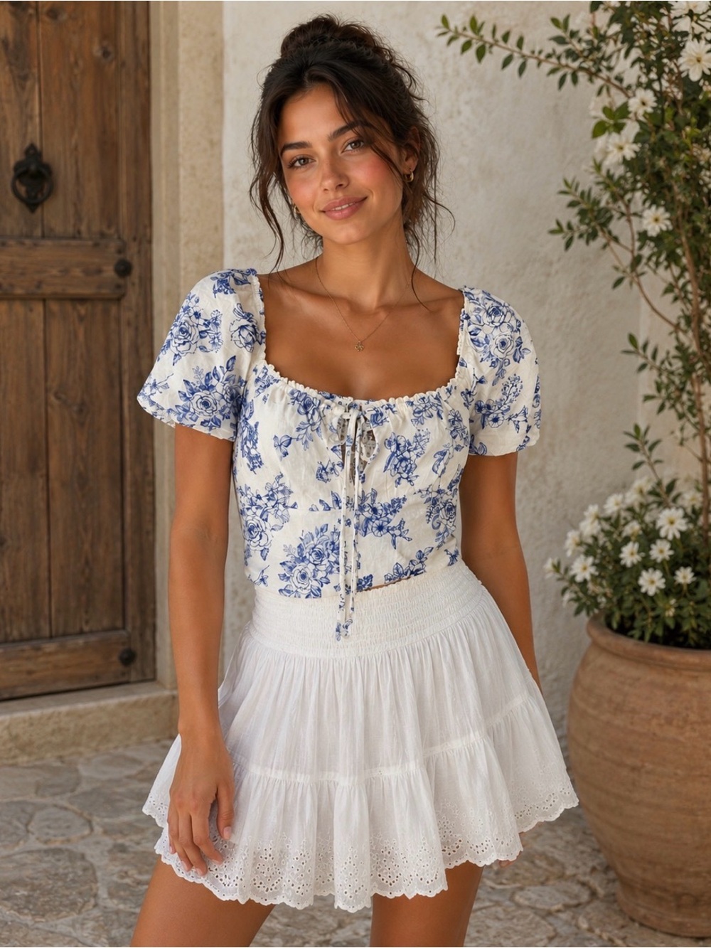 Floral Tie-Front Puff Sleeve Top - White & Blue
